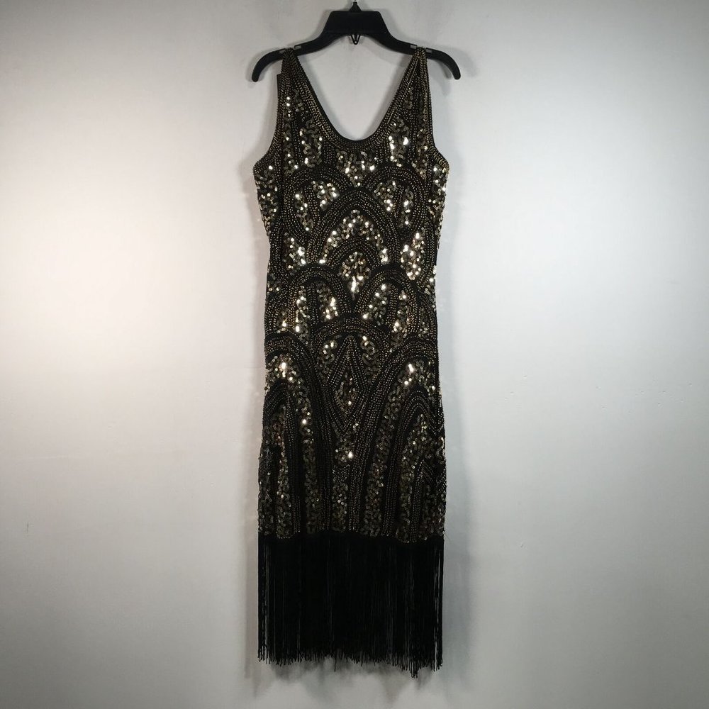 Women's VIJIV 1920s Vintage Inspired Sequin/Fringe Flapper Dress, Size S - Black - Picture 2 of 11